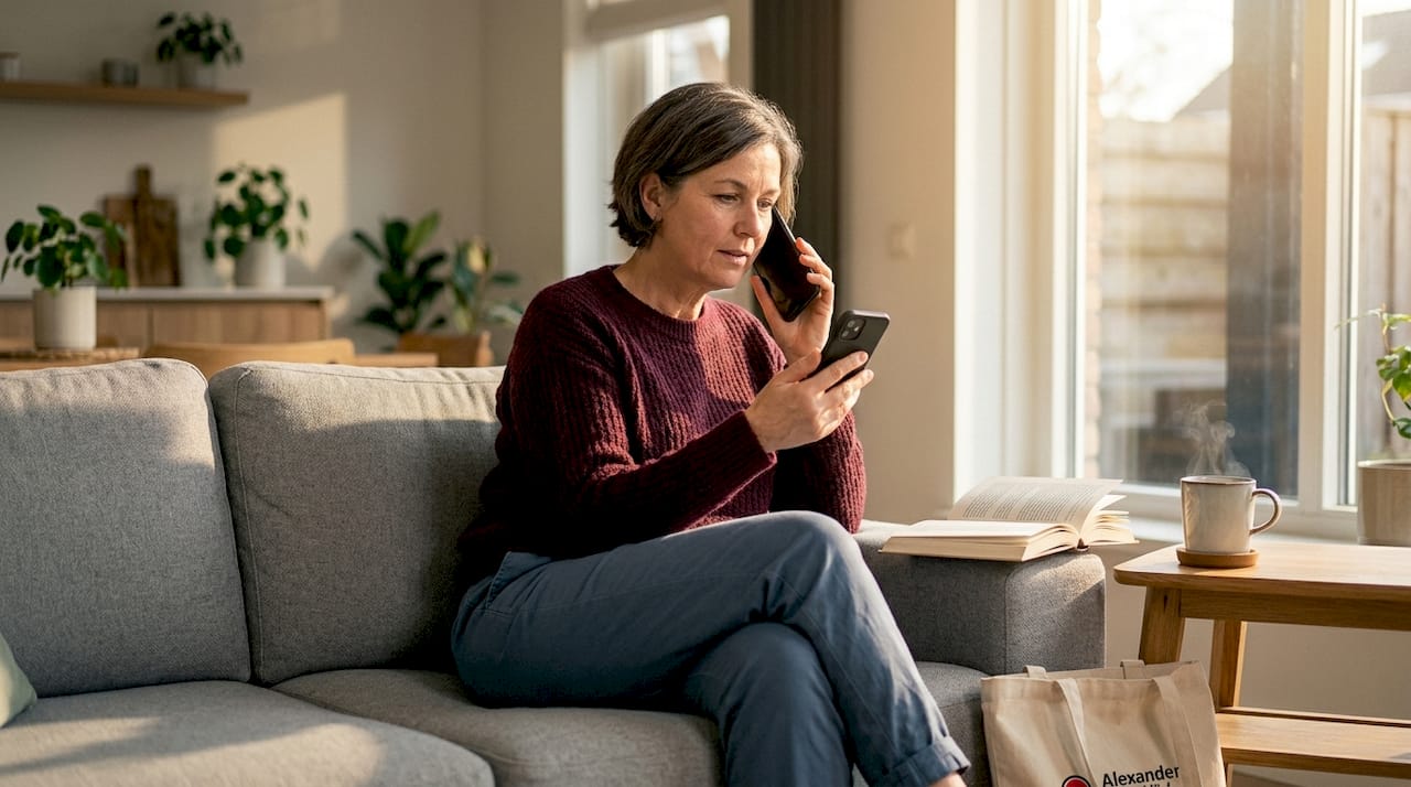 Vrouw werkt vanuit huis en belt via VoIP op haar thuiskantoor.
