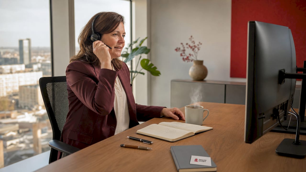 Klantenservicemedewerker aan het werk op kantoor, headset op het hoofd.