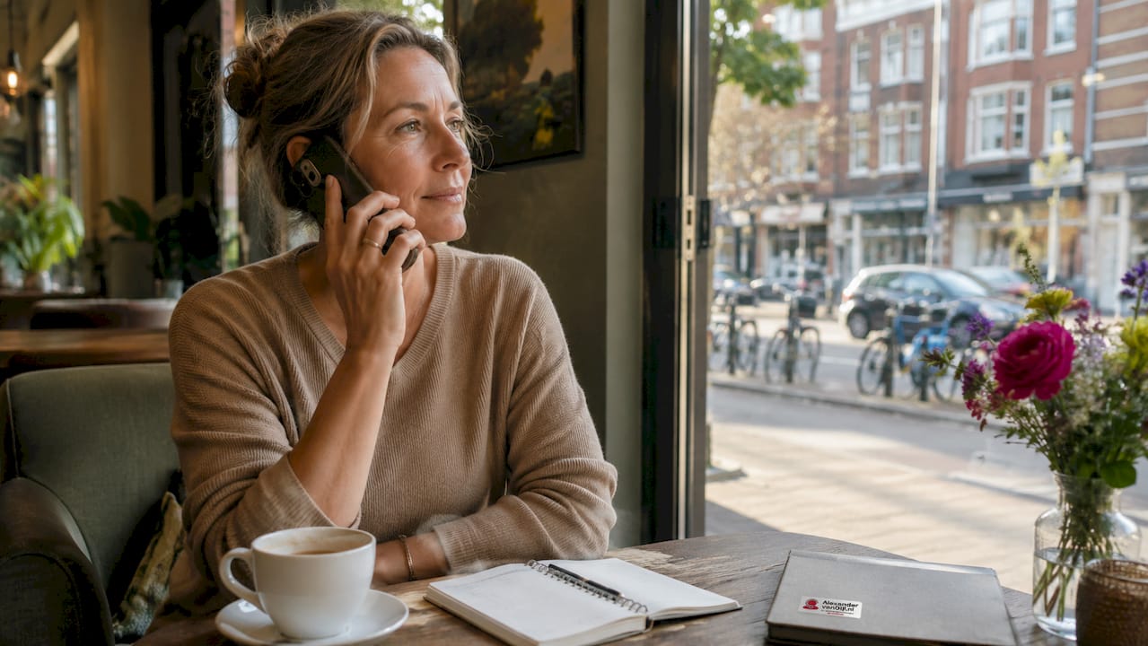 Vrouw zit aan tafel en belt via een app op haar smartphone.