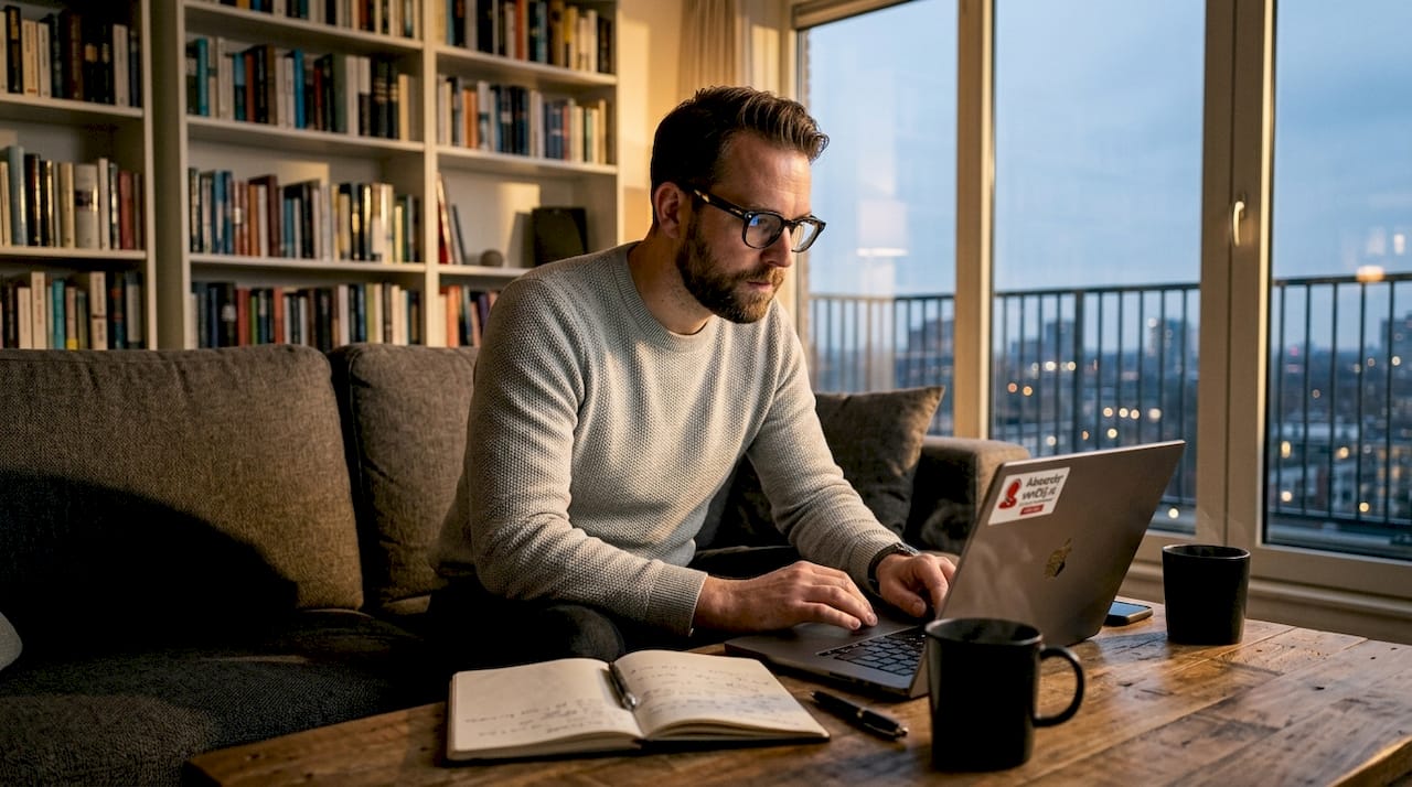 Een man zoekt het telefoonnummer op via zijn laptop op kantoor.
