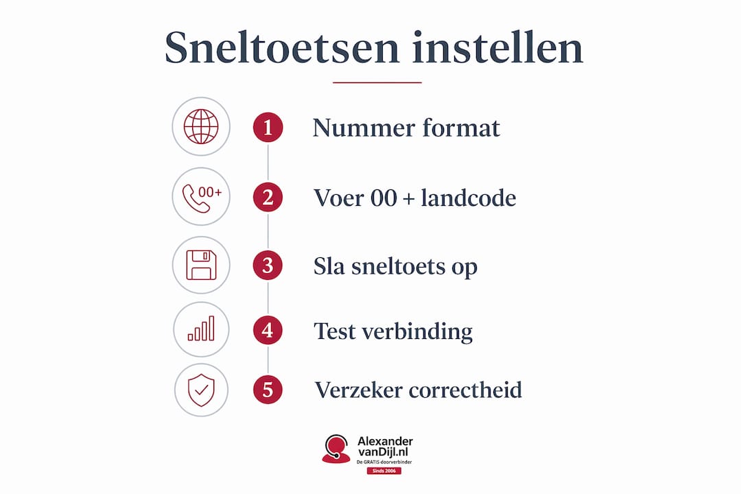 Infographic: Stappenplan voor het instellen van een sneltoets voor internationaal bellen