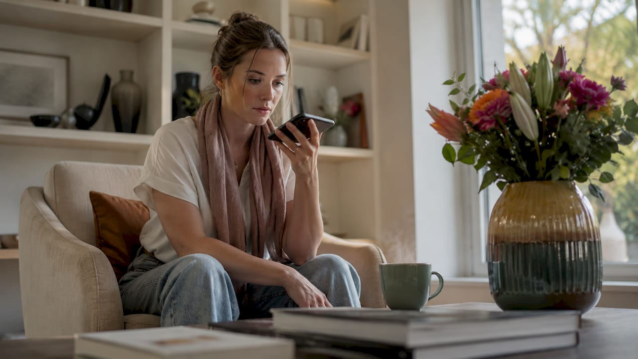 Een vrouw zit thuis aan de eettafel en belt met haar smartphone.