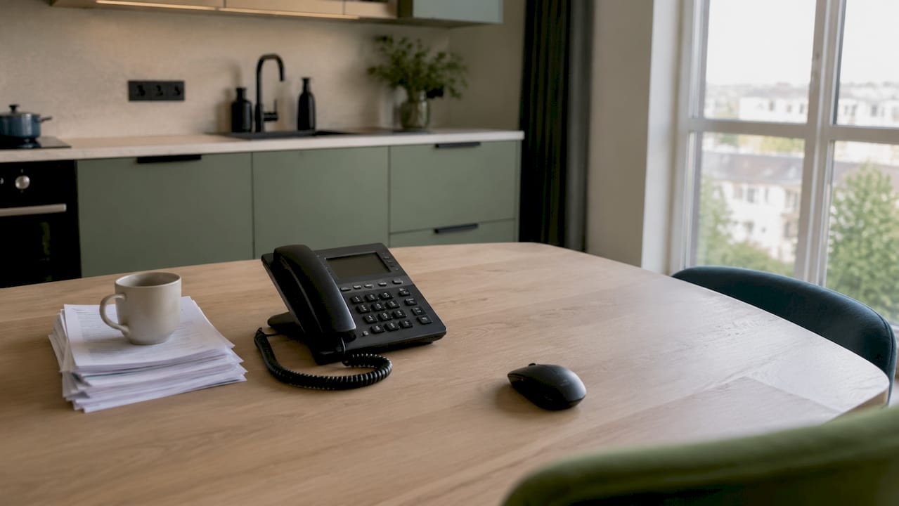 Een modern thuiswerkplek met een vaste telefoon en belangrijke papieren binnen handbereik.