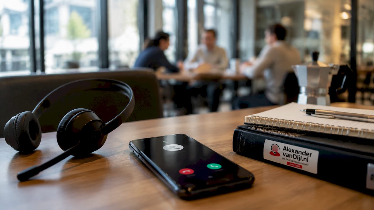 Mijn telefoon ligt op het bureau, klaar voor het volgende telefoontje.