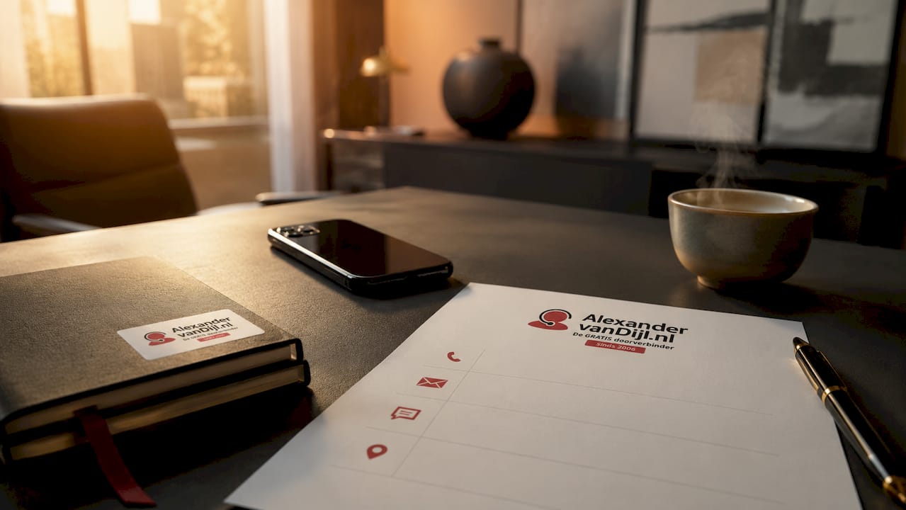 Op het bureau liggen een smartphone en een notitie met contactgegevens.