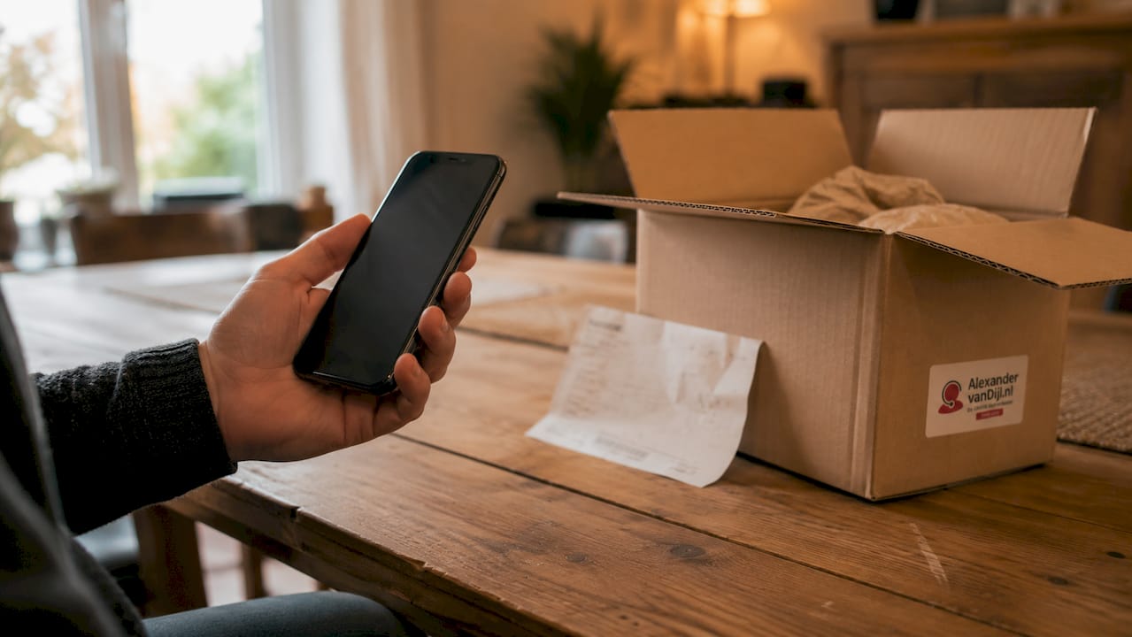 Detailopname van handen die een pakket volgen via een smartphone