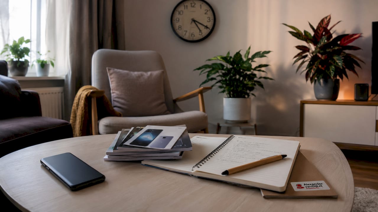 Bureau met telefoons en handleidingen om storingen op te lossen