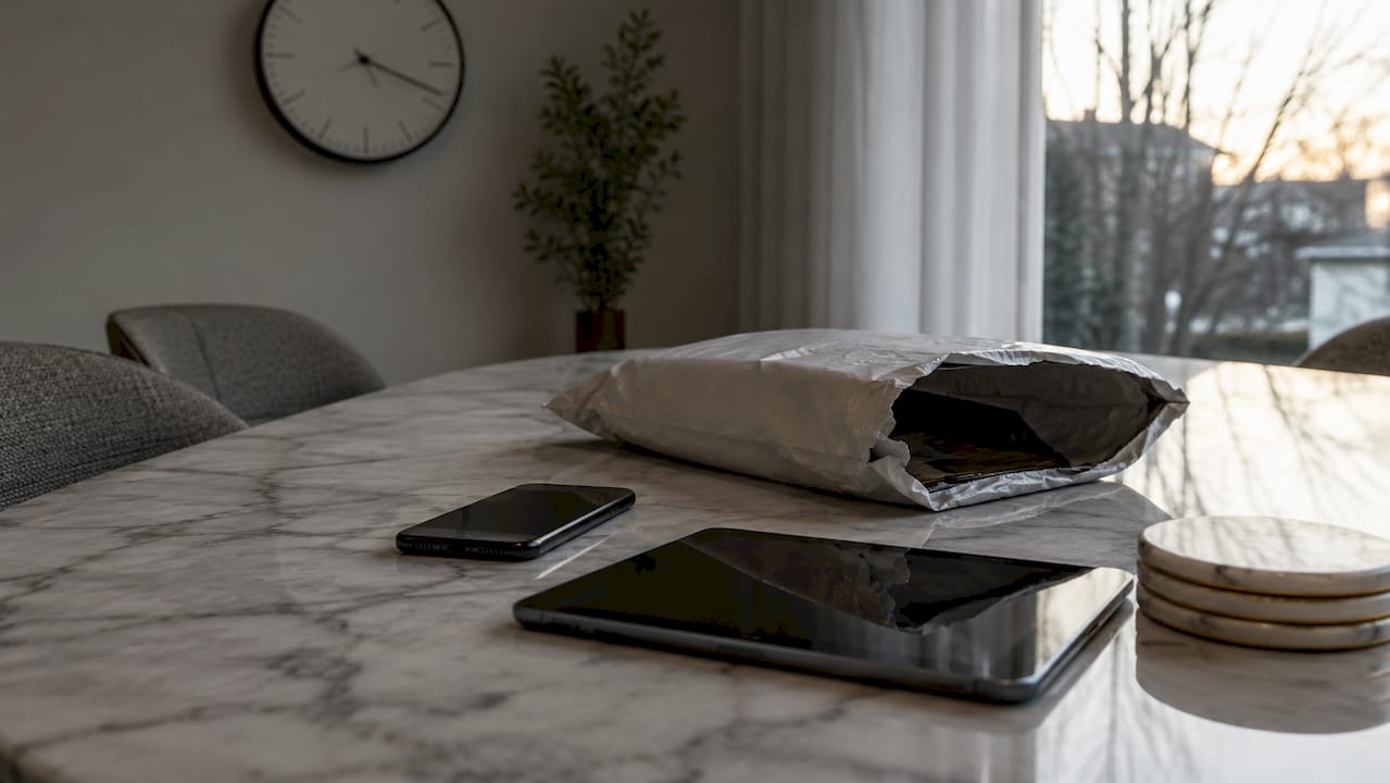 Op tafel liggen een smartphone en een pakketje naast elkaar.