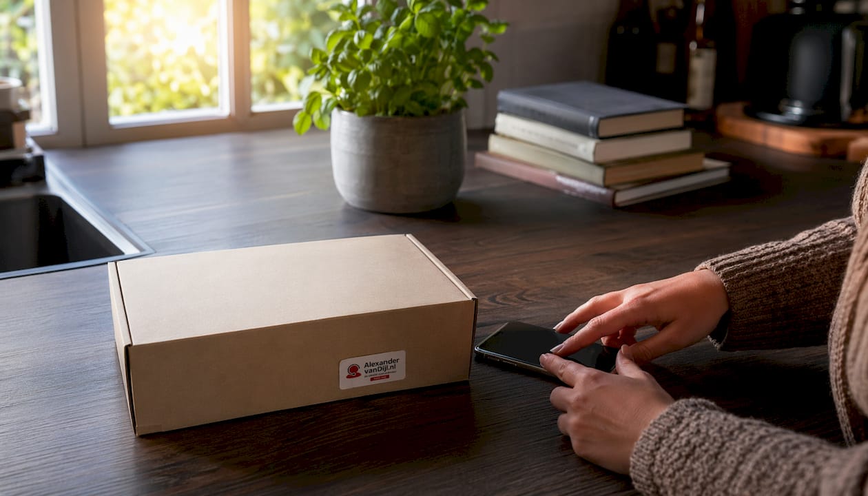 Een hand grijpt naar de telefoon die naast een pakketje op tafel ligt.