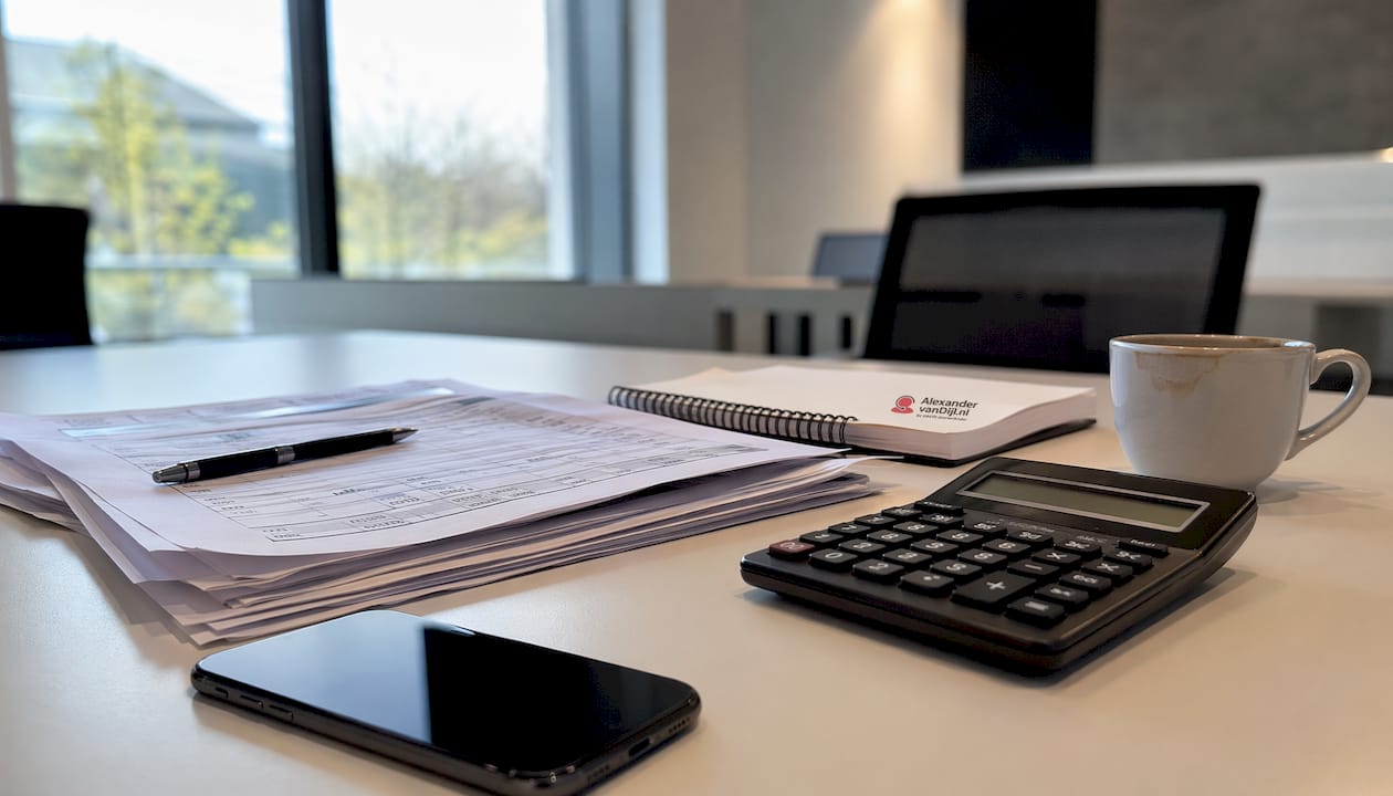 Bureau met telefoon en administratie voor het indienen van declaraties