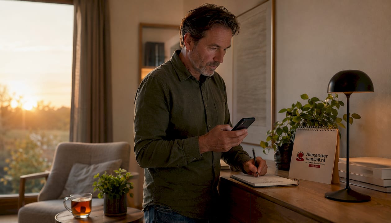 Man die bezig is met zijn smartphone terwijl hij aantekeningen maakt in een notitieboek