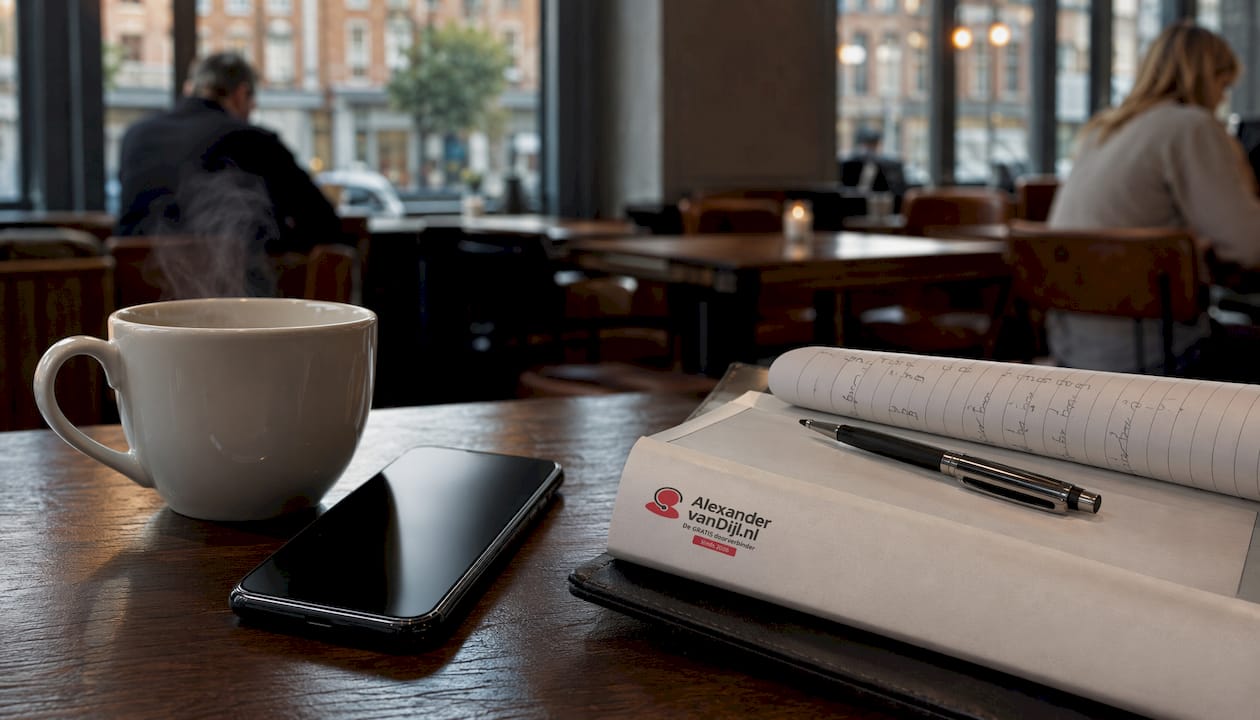 Een smartphone ligt naast een notitieboekje op tafel.
