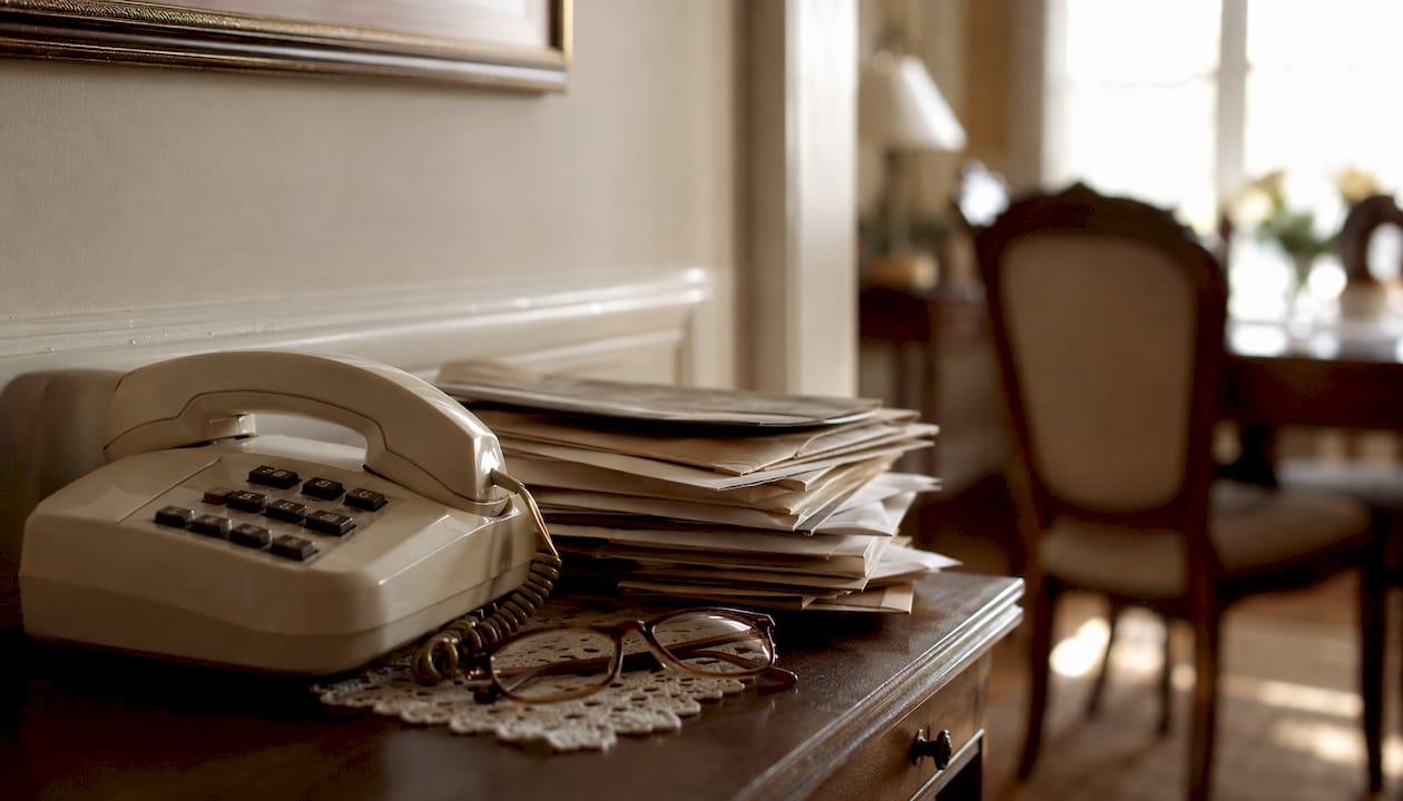 Een vaste telefoon staat op het bijzettafeltje in de woonkamer.
