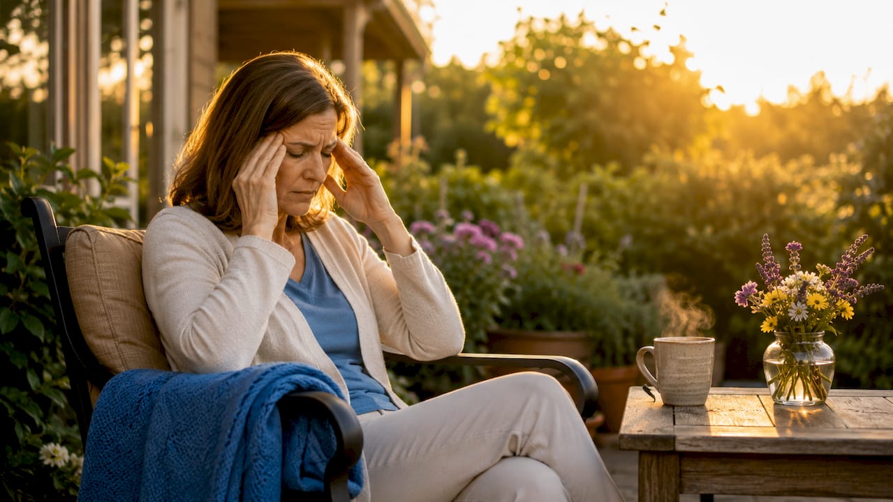 Middle-aged woman managing chronic pain at home