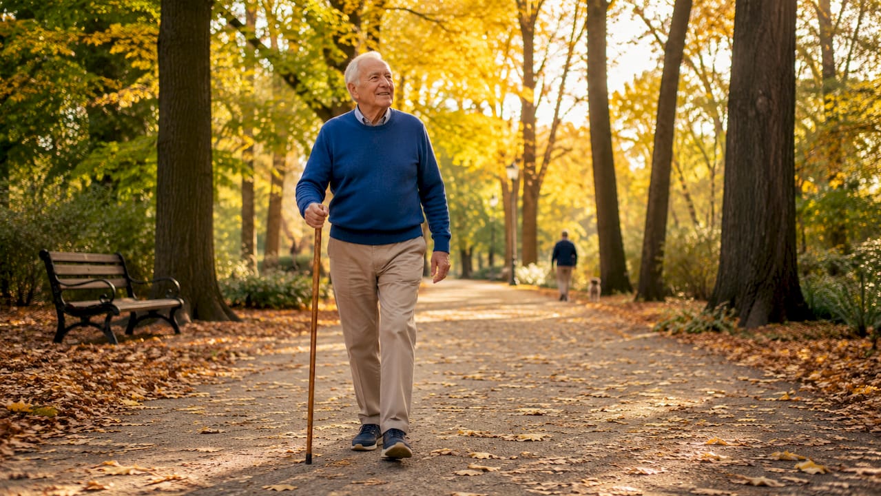Elderly man walking gently outdoors for pain relief