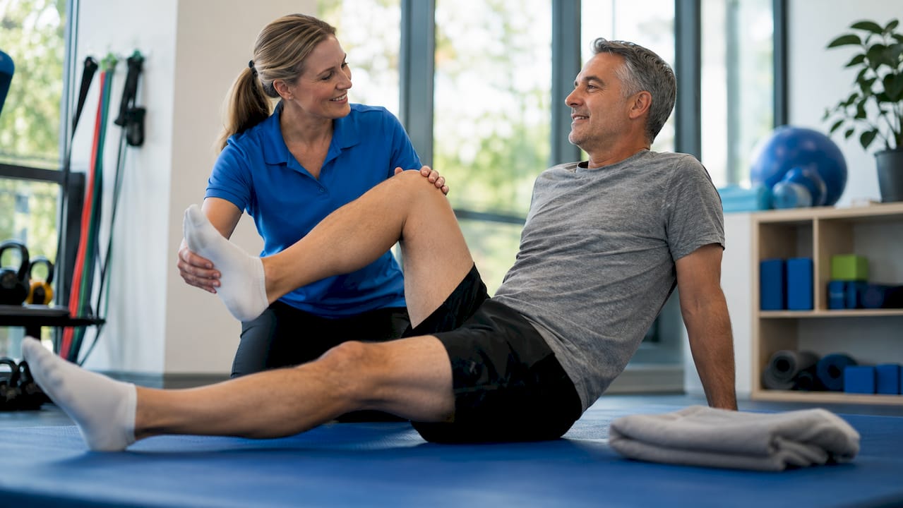 Physical therapist assisting adult with leg stretches