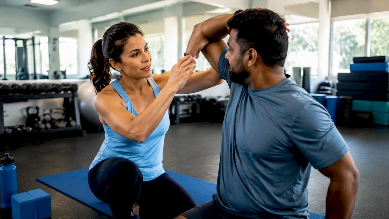 Physical therapist guiding patient exercise in clinic