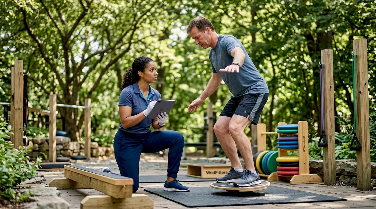 Therapist assessing athlete’s biomechanics in gym
