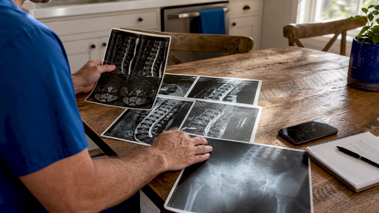 Hands arranging medical imaging films on desk