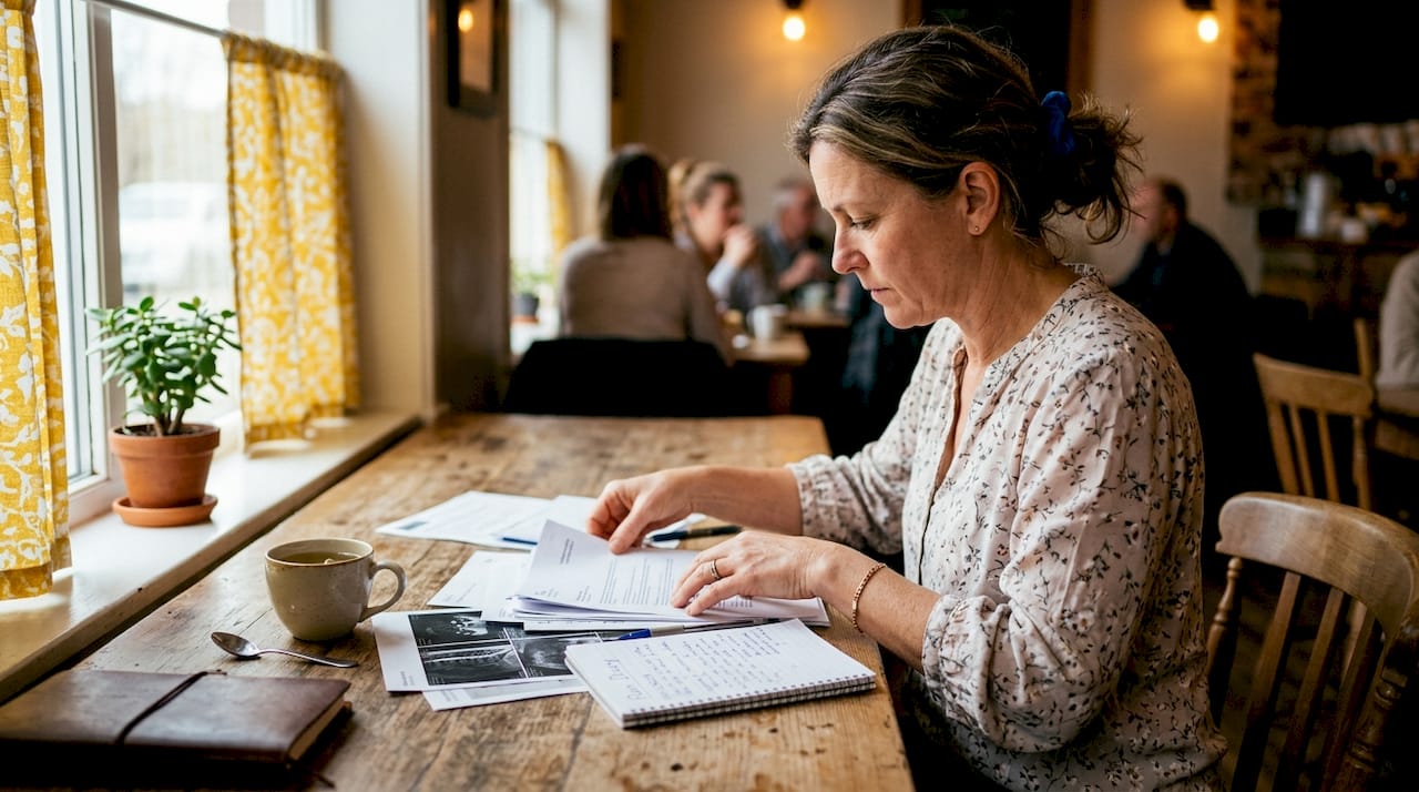 Woman organizing consultation paperwork thoughtfully