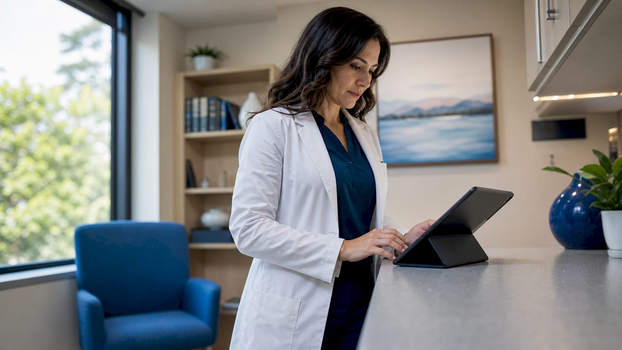 Pain specialist reviewing patient charts in clinic