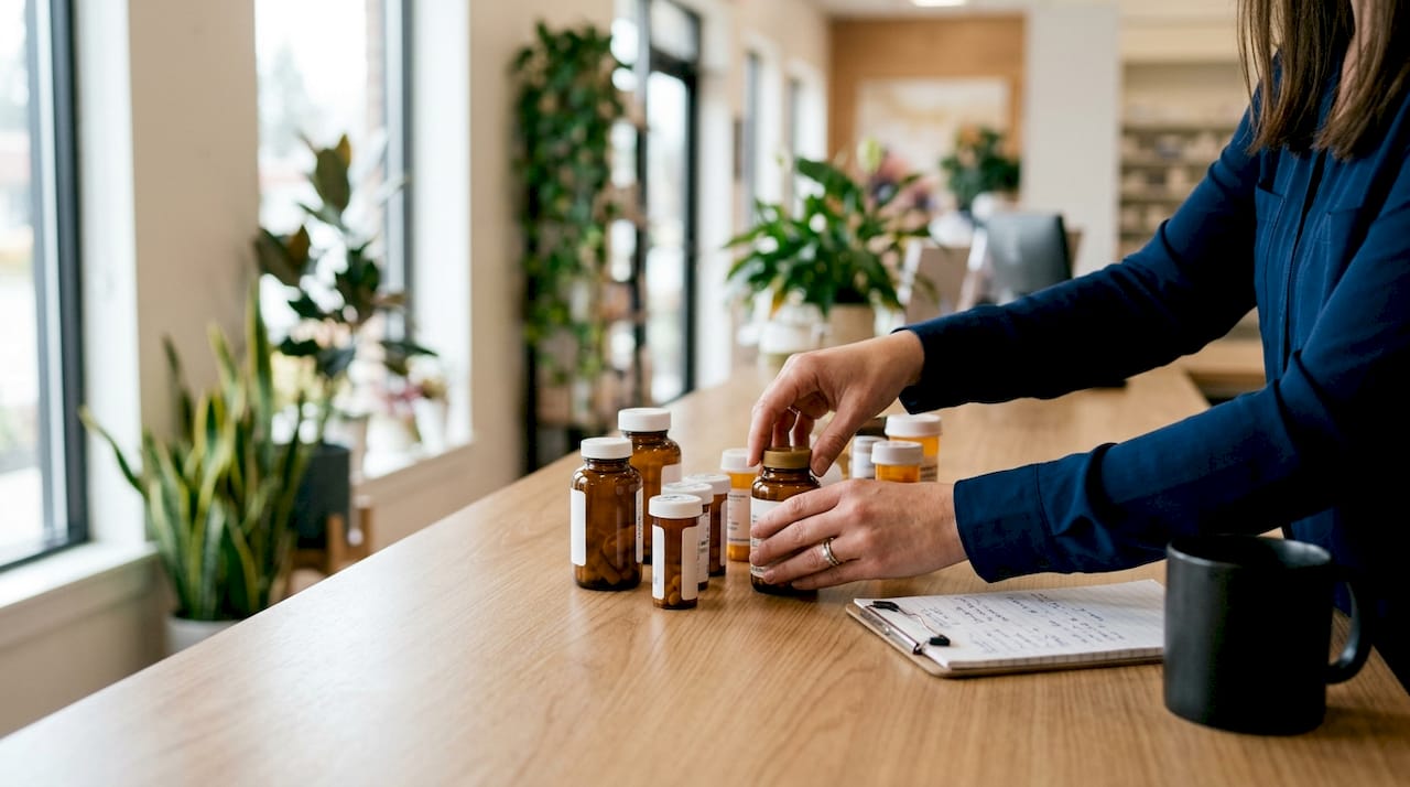 Pharmacist arranging pain relief medication bottles