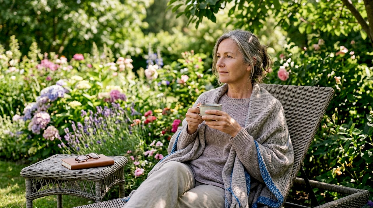 Woman reflecting quietly in a cozy living room
