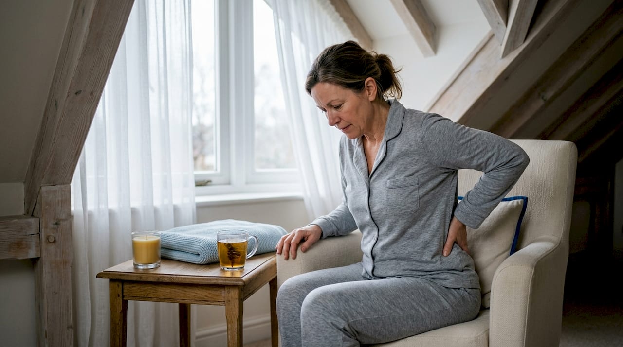 Woman massaging lower back at home