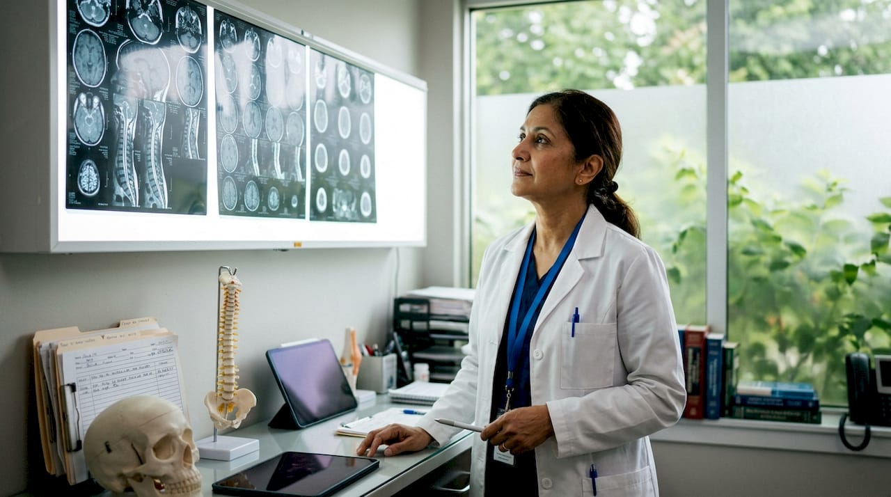 Neurologist reviewing chronic pain brain scans