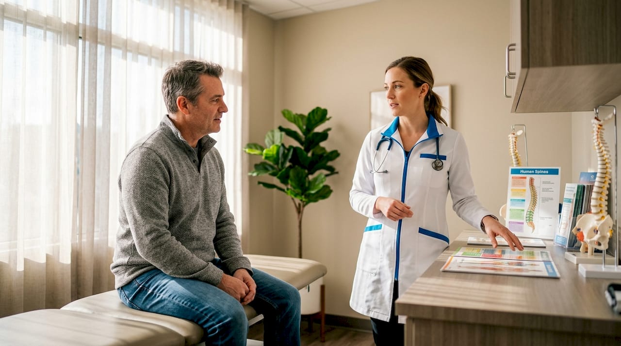 Male patient consulting doctor in clinic office