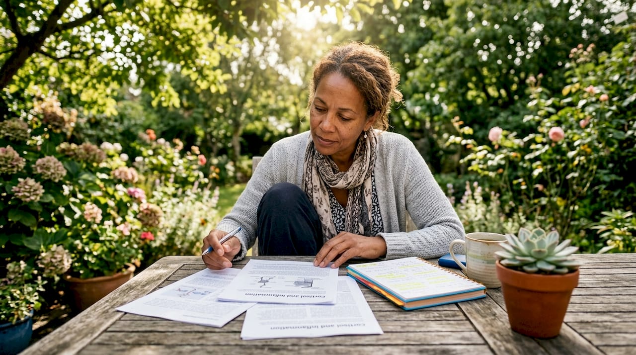 Woman reviewing cortisol and inflammation research at home
