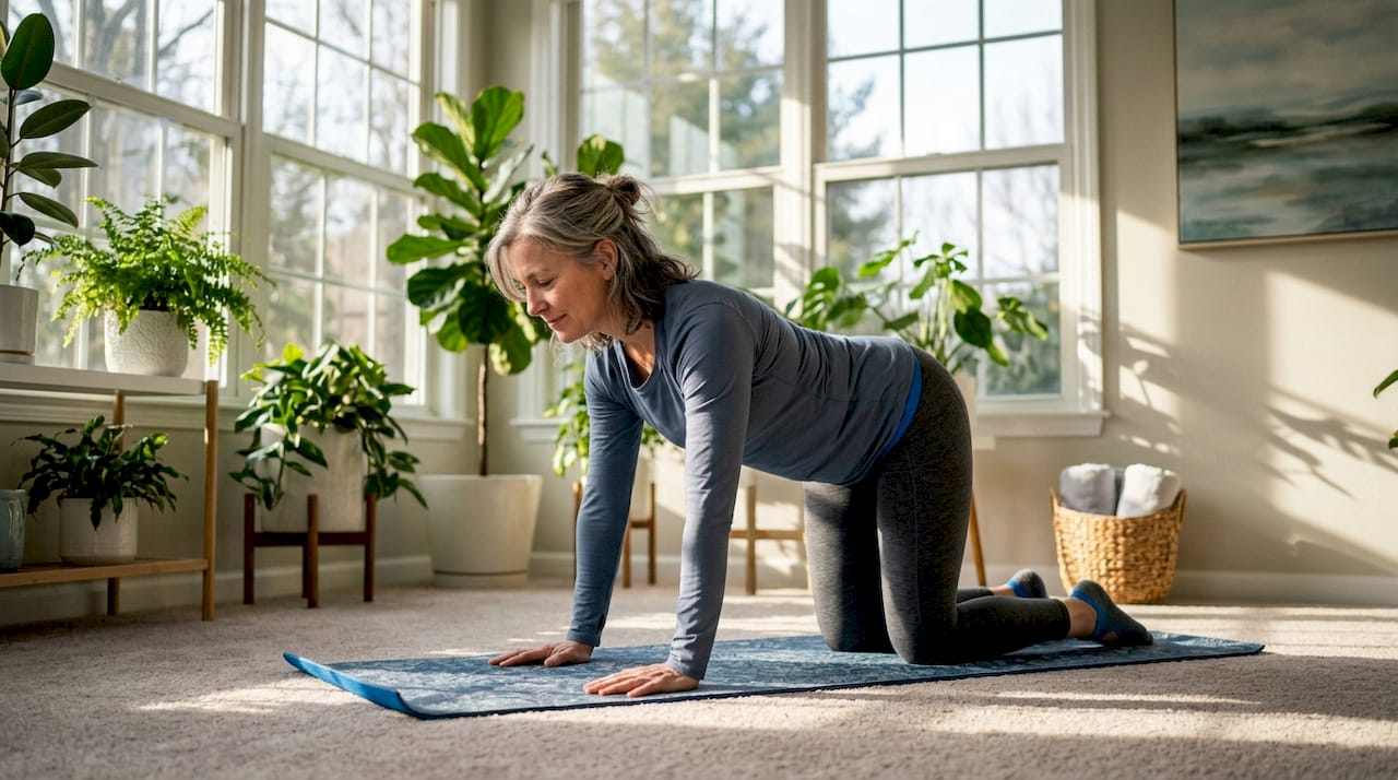 Woman gently stretching at home for chronic pain