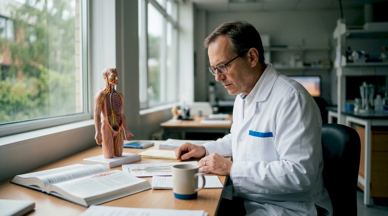 Doctor reviewing nervous system models in lab
