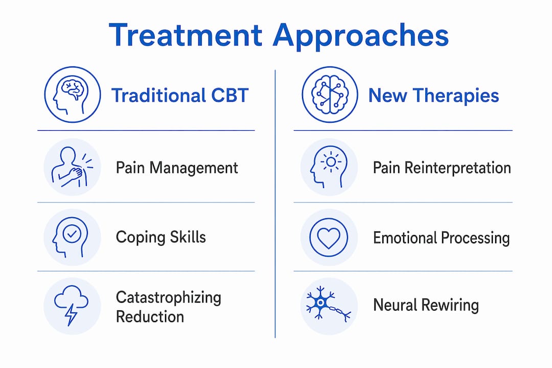 Infographic comparing traditional CBT and new pain therapies