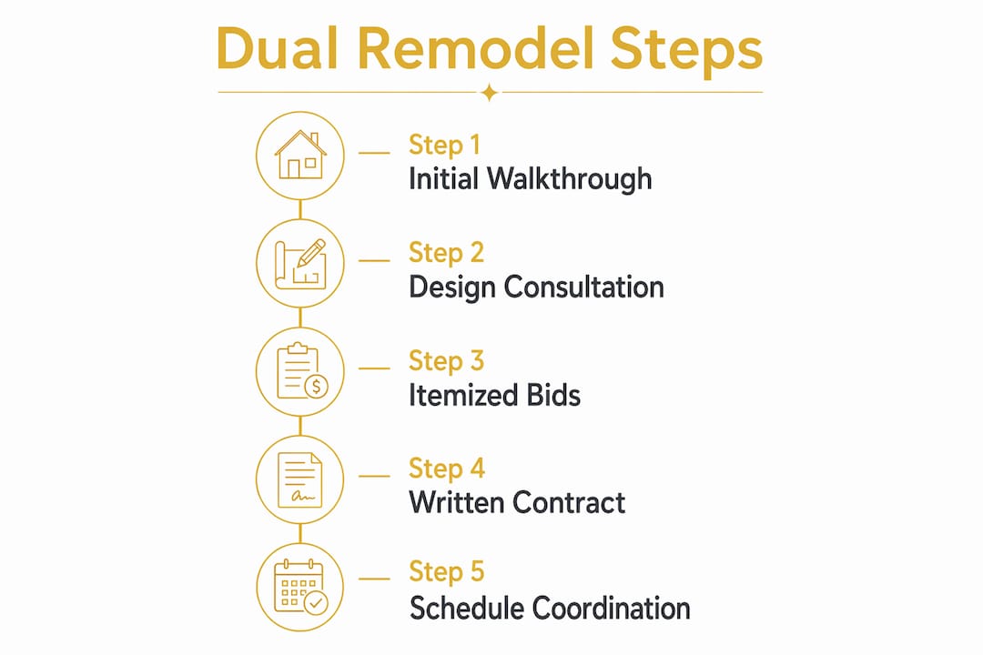 Infographic with steps for dual kitchen and bathroom remodel preparation