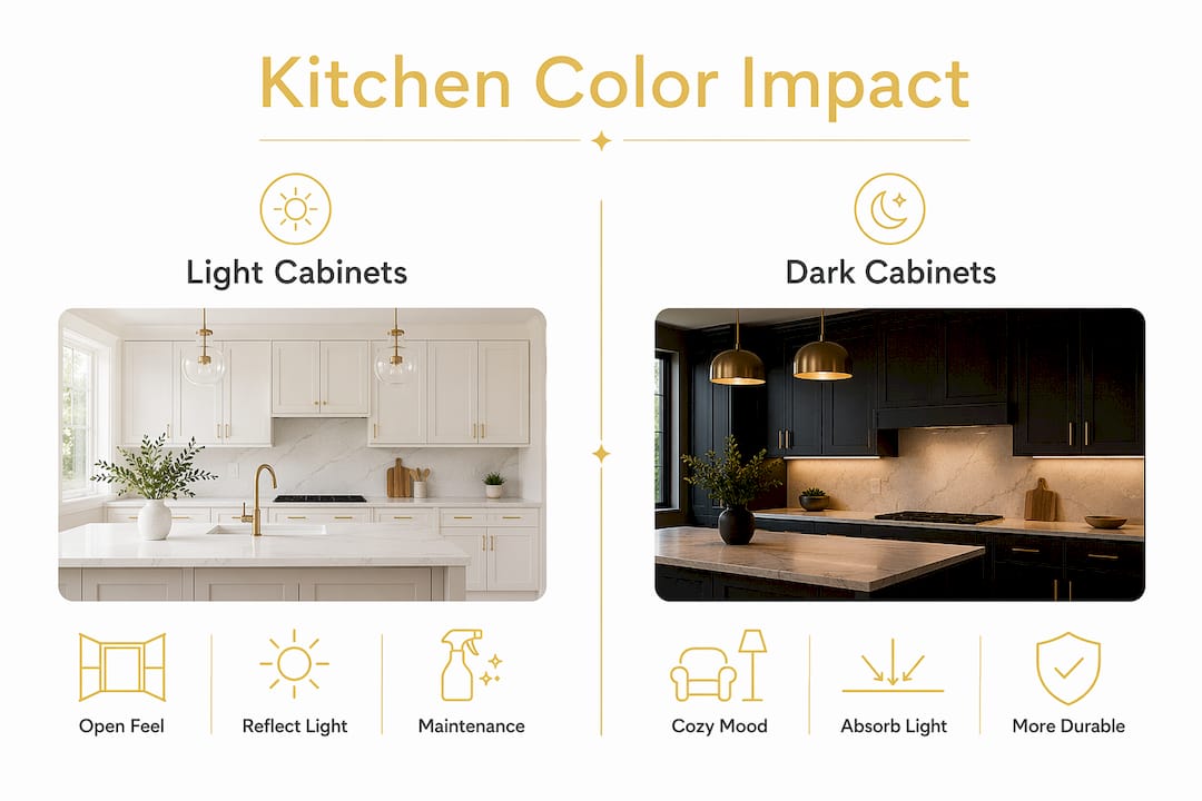 Infographic comparing light vs dark kitchen cabinets