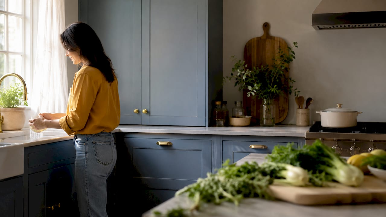 Close-up of sage green kitchen cabinet with brass hardware