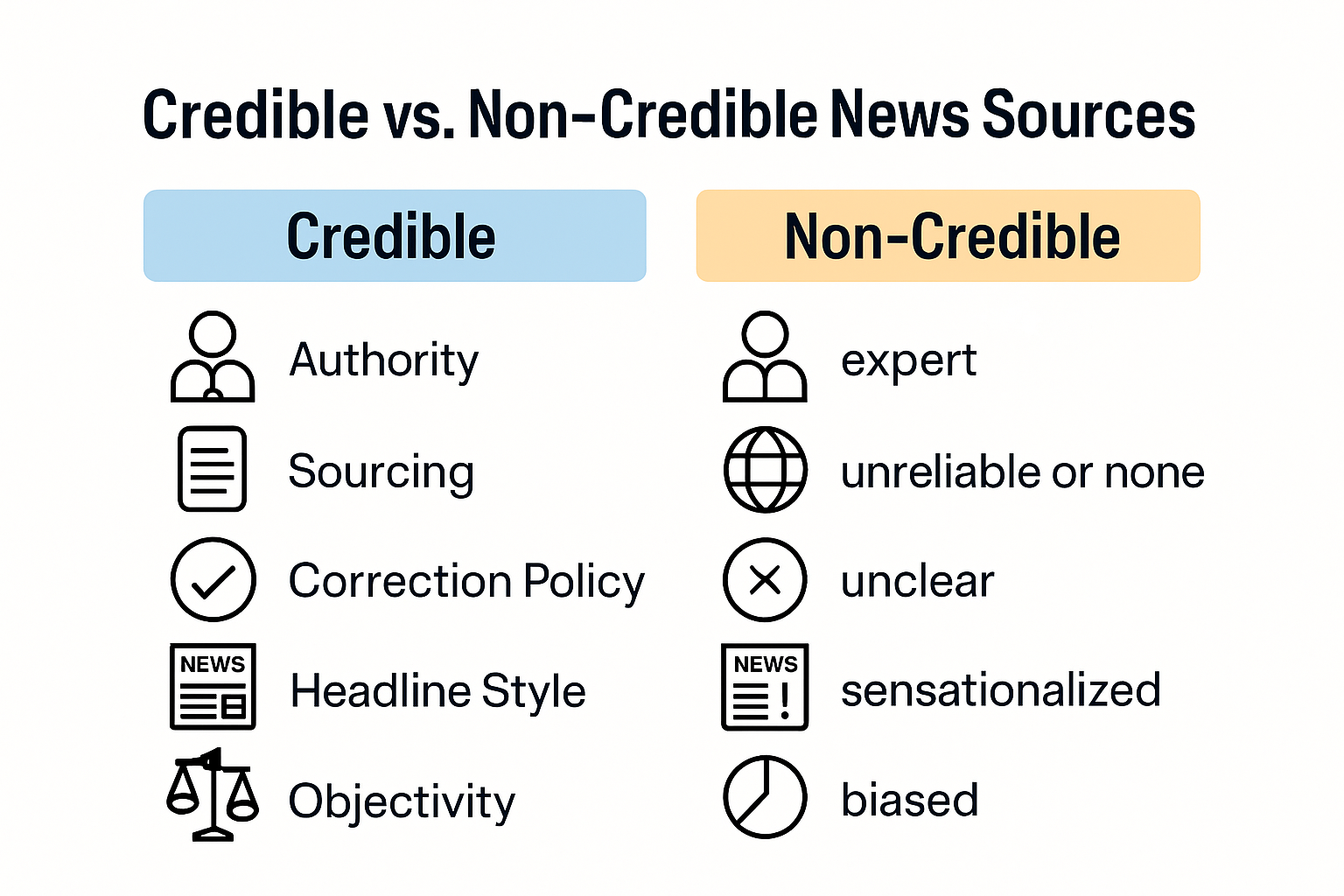 Comparison of credible and non-credible news characteristics