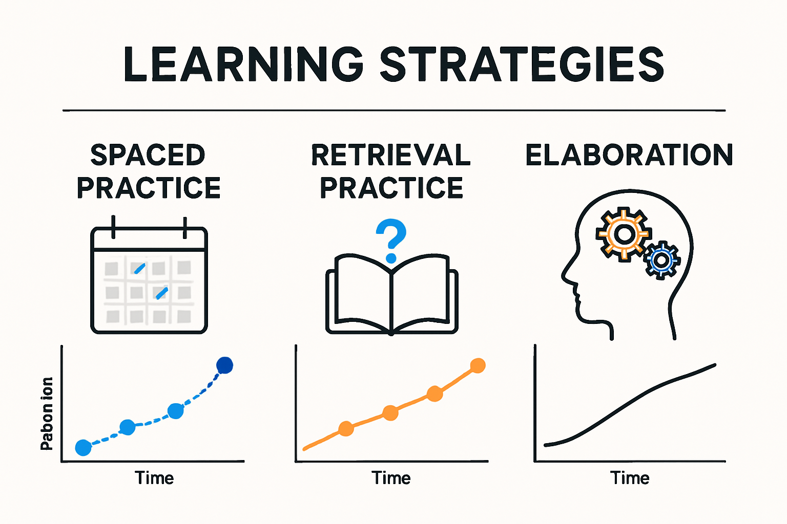 Infographic comparing spaced practice retrieval practice elaboration
