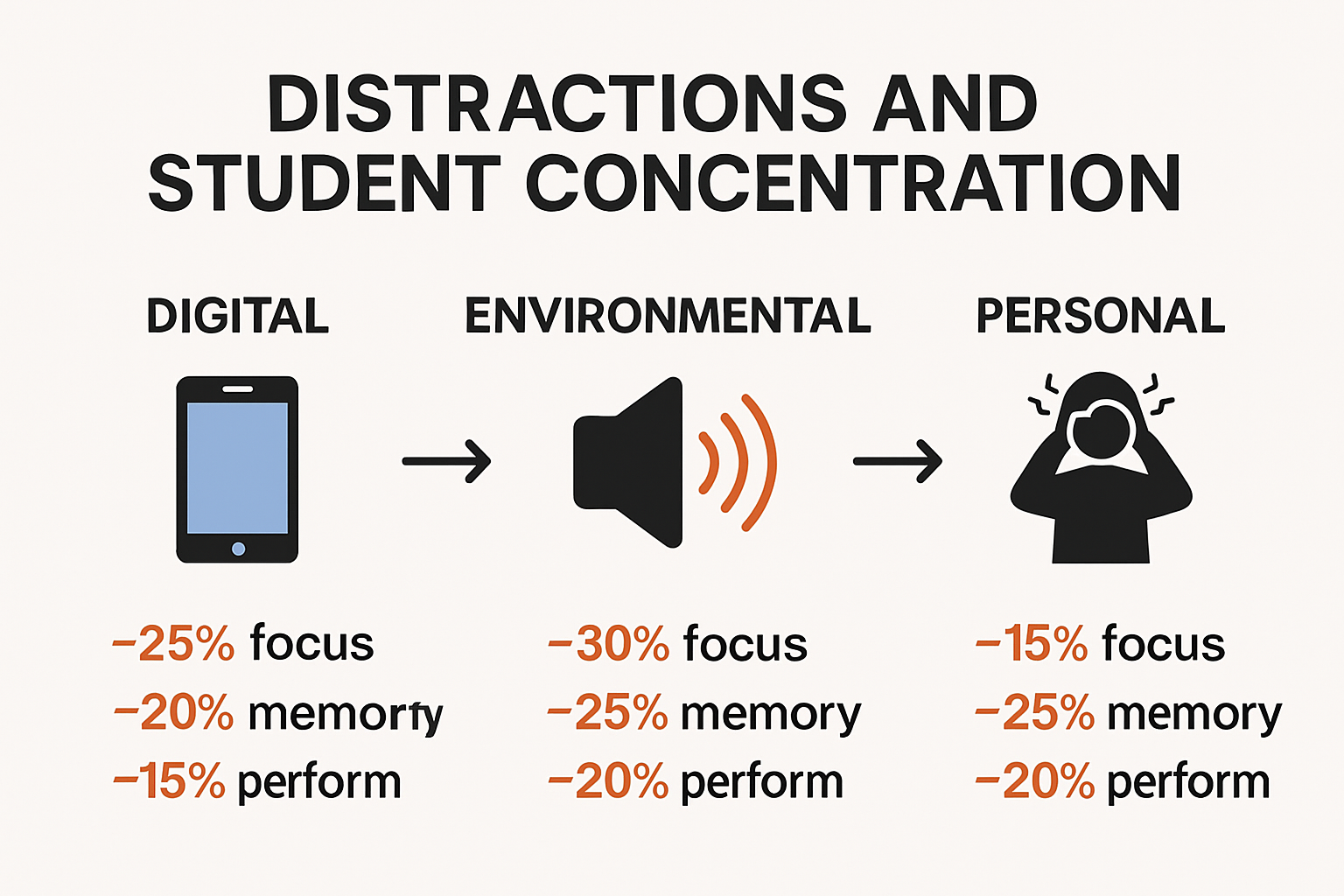 Infographic showing types of study distractions and their impacts