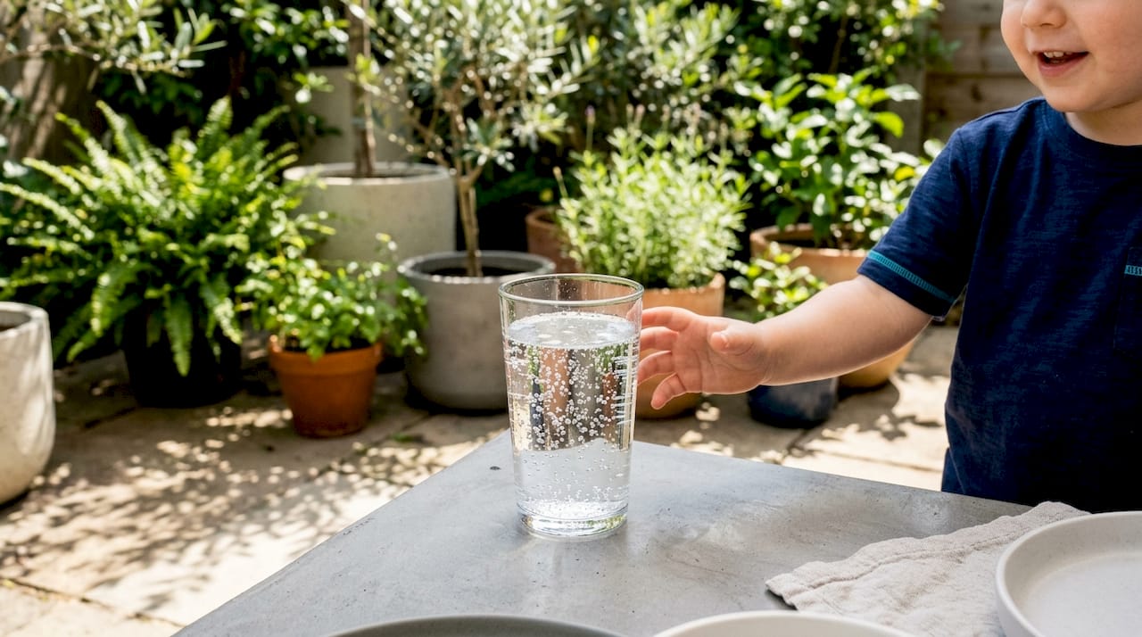 Glass of plain sparkling water with child hand in background