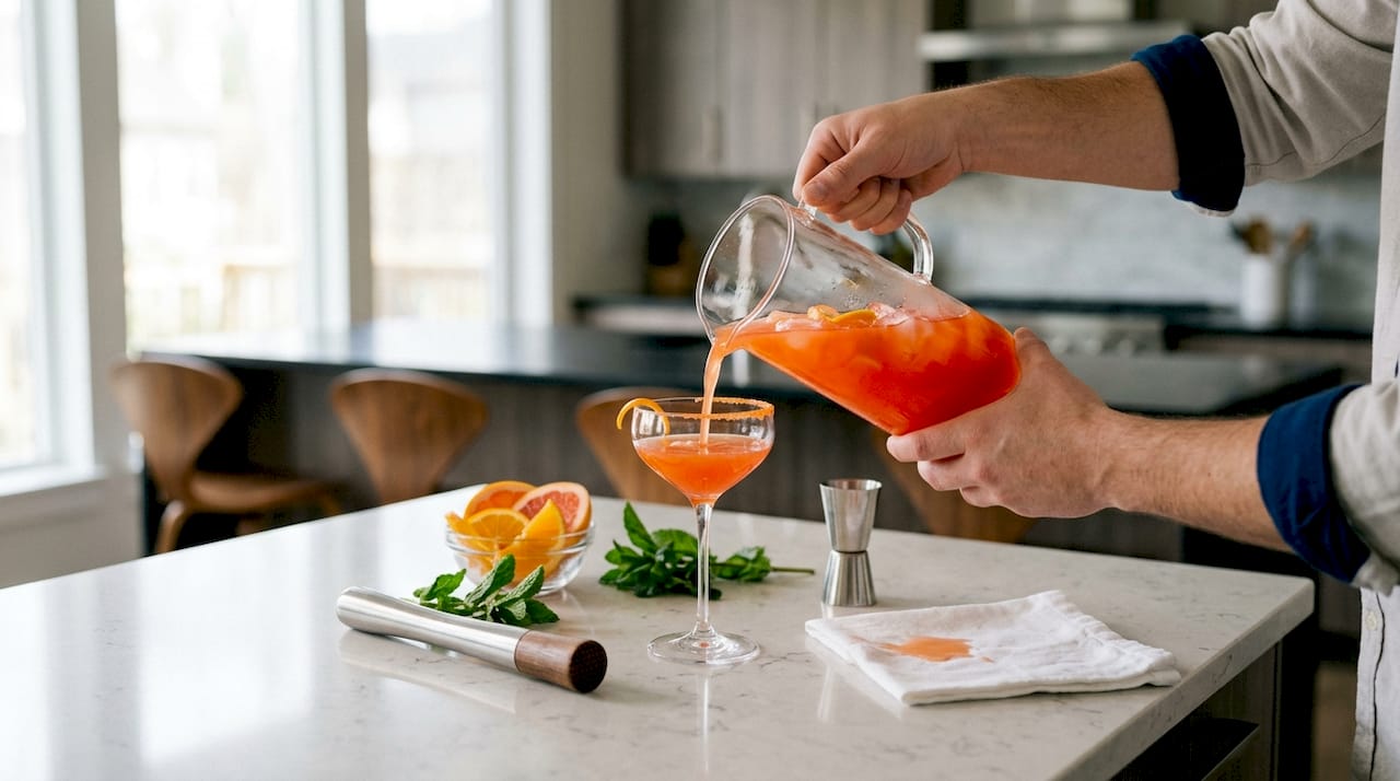 Hands pouring batch cocktail into glass at home