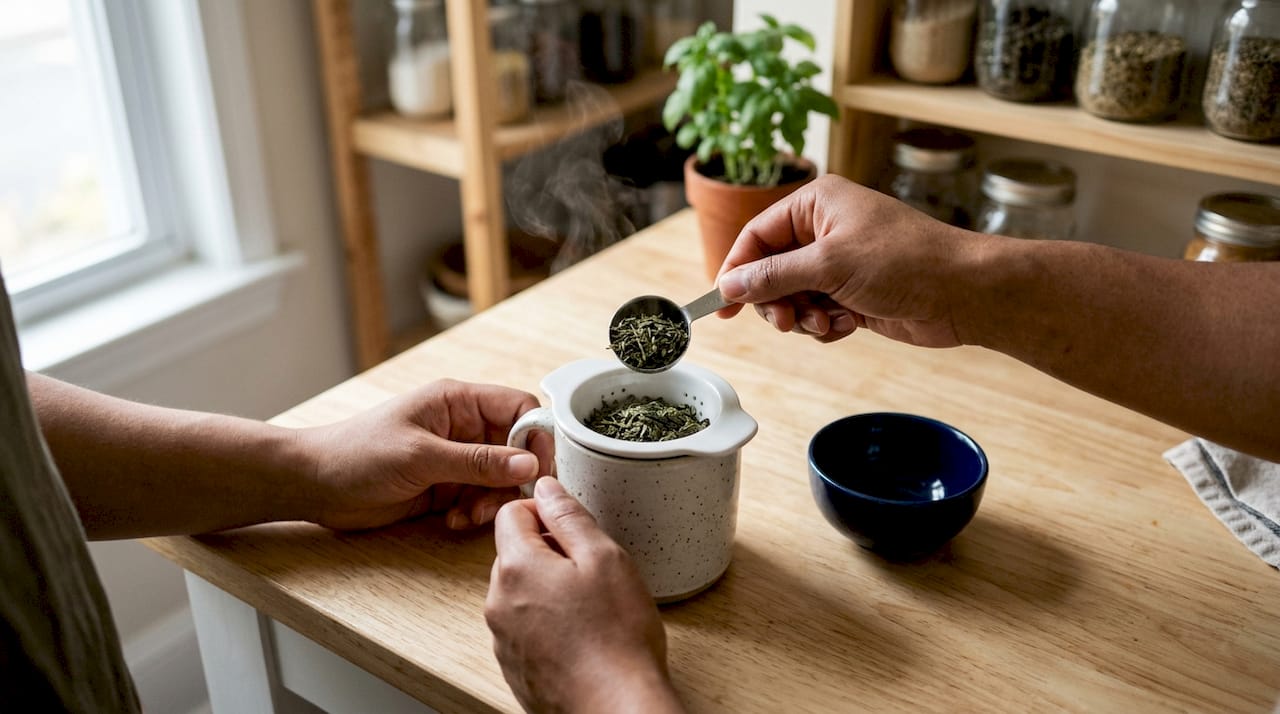 Barista preparing green tea with loose leaves close-up
