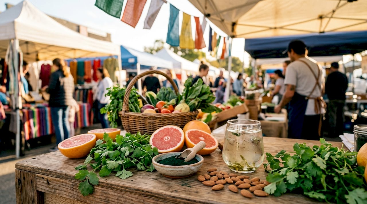 Overhead view of vitamin-rich natural drink ingredients