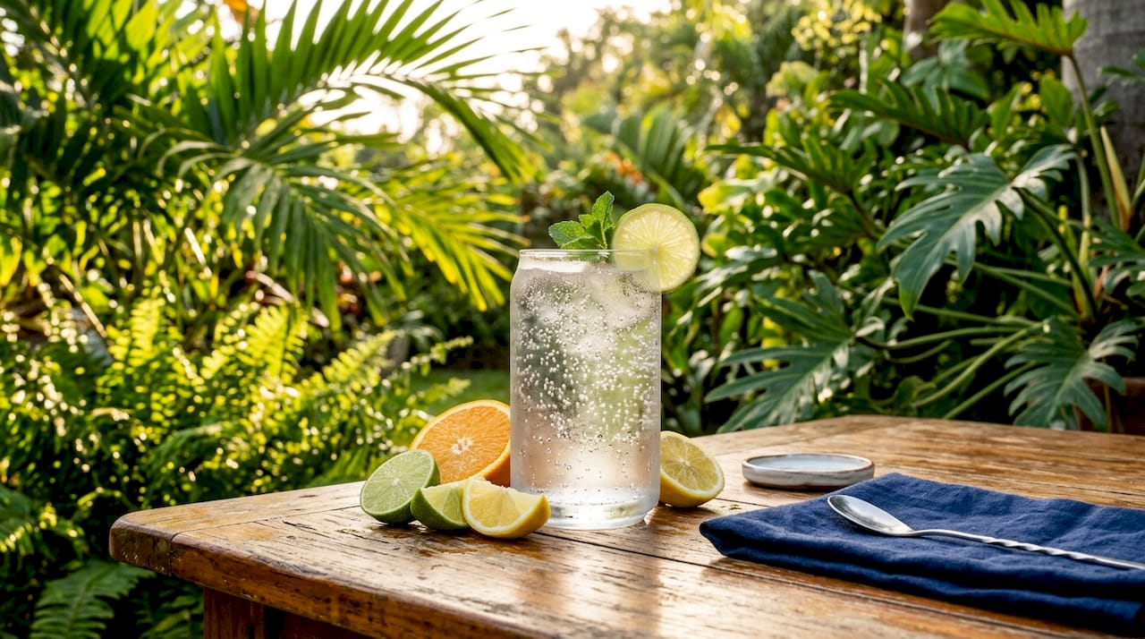 Close-up of glass of sparkling water with lemon