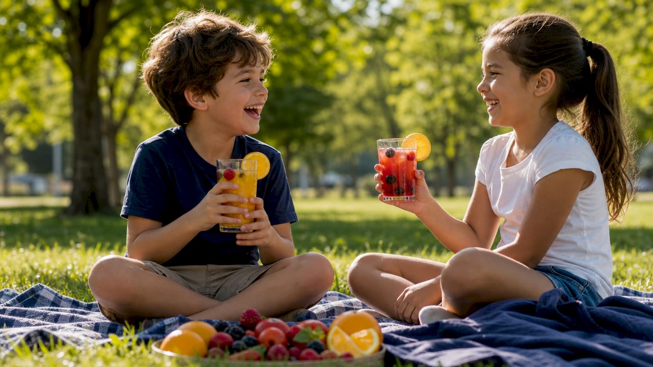 Child holding fresh smoothie glass outdoors