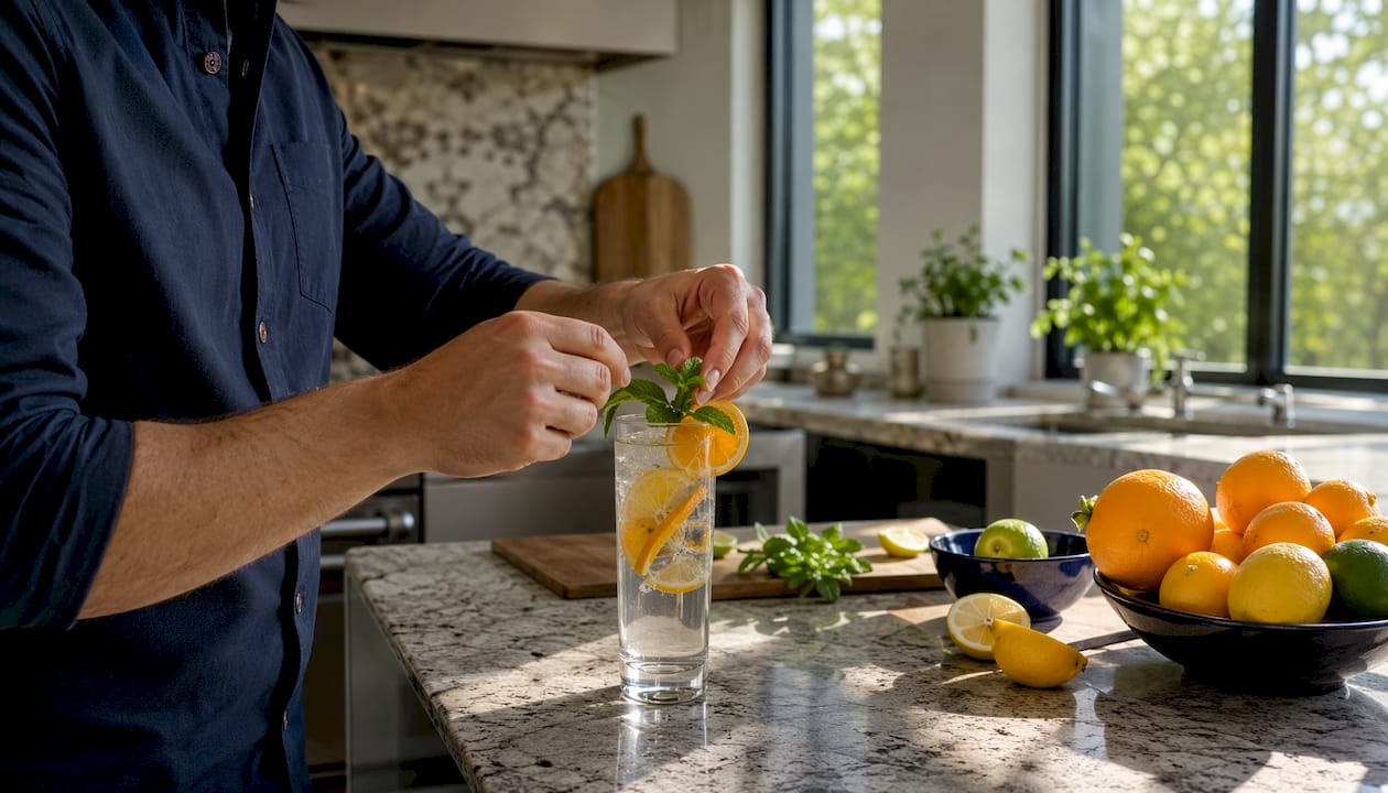 Hands garnishing healthy kids drink glass