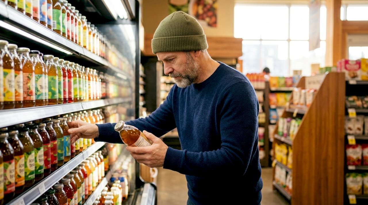 Man choosing bottled iced tea in grocery store