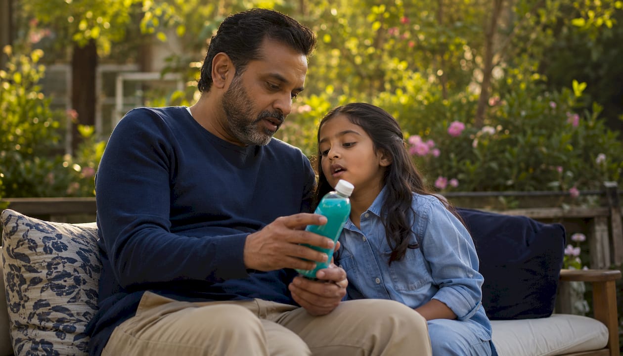Father and child reading drink labels