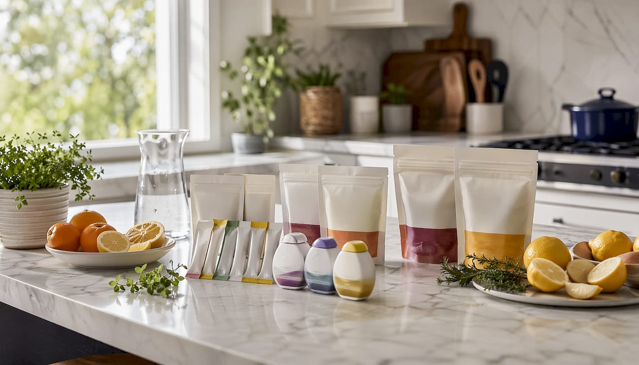 Assortment of dye-free drink products on table